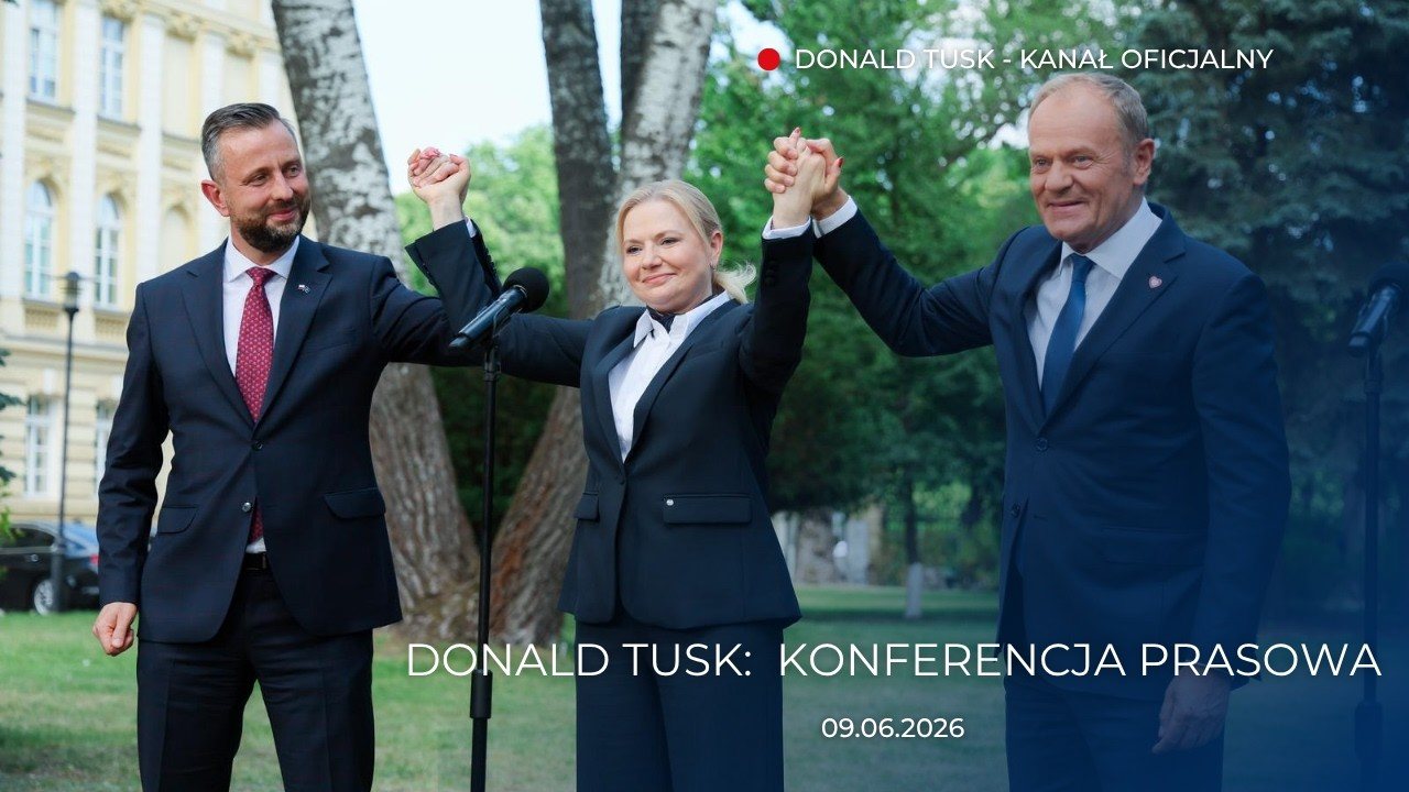 Konferencja prasowa 9 czerwca 2026 - premier Donald Tusk i wicepremier Władysław Kosiniak-Kamysz ogłaszają kandydaturę Moniki Piątkowskiej